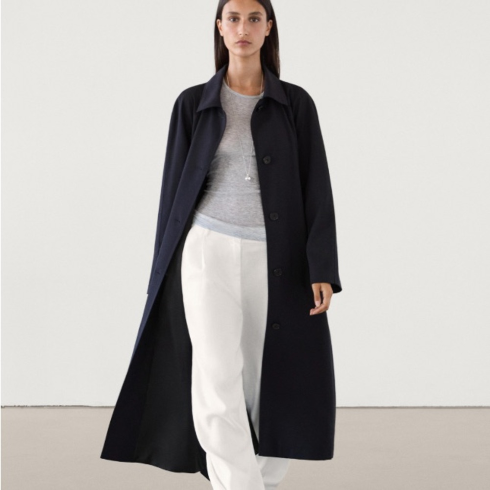 Massimo Dutti Navy Button-Up Trench Coat